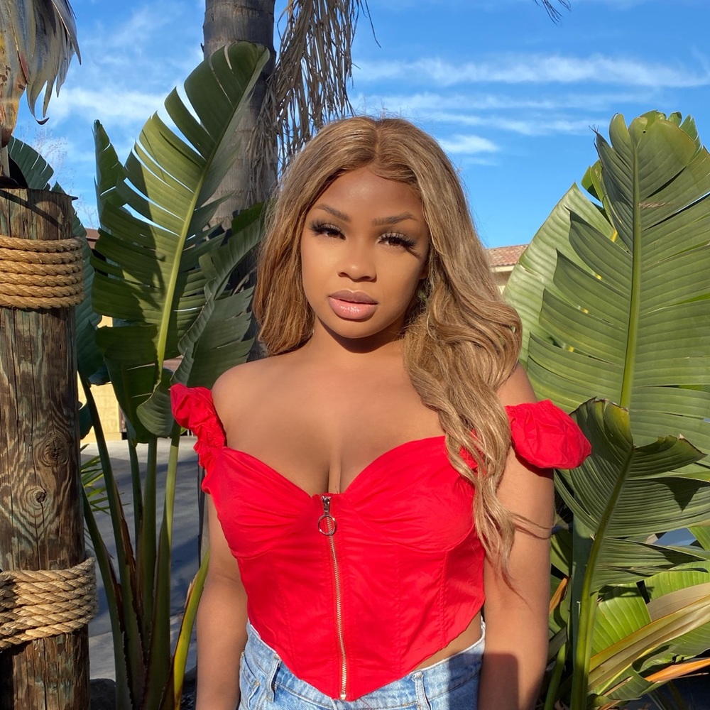 PLT red zip up puff sleeve crop top